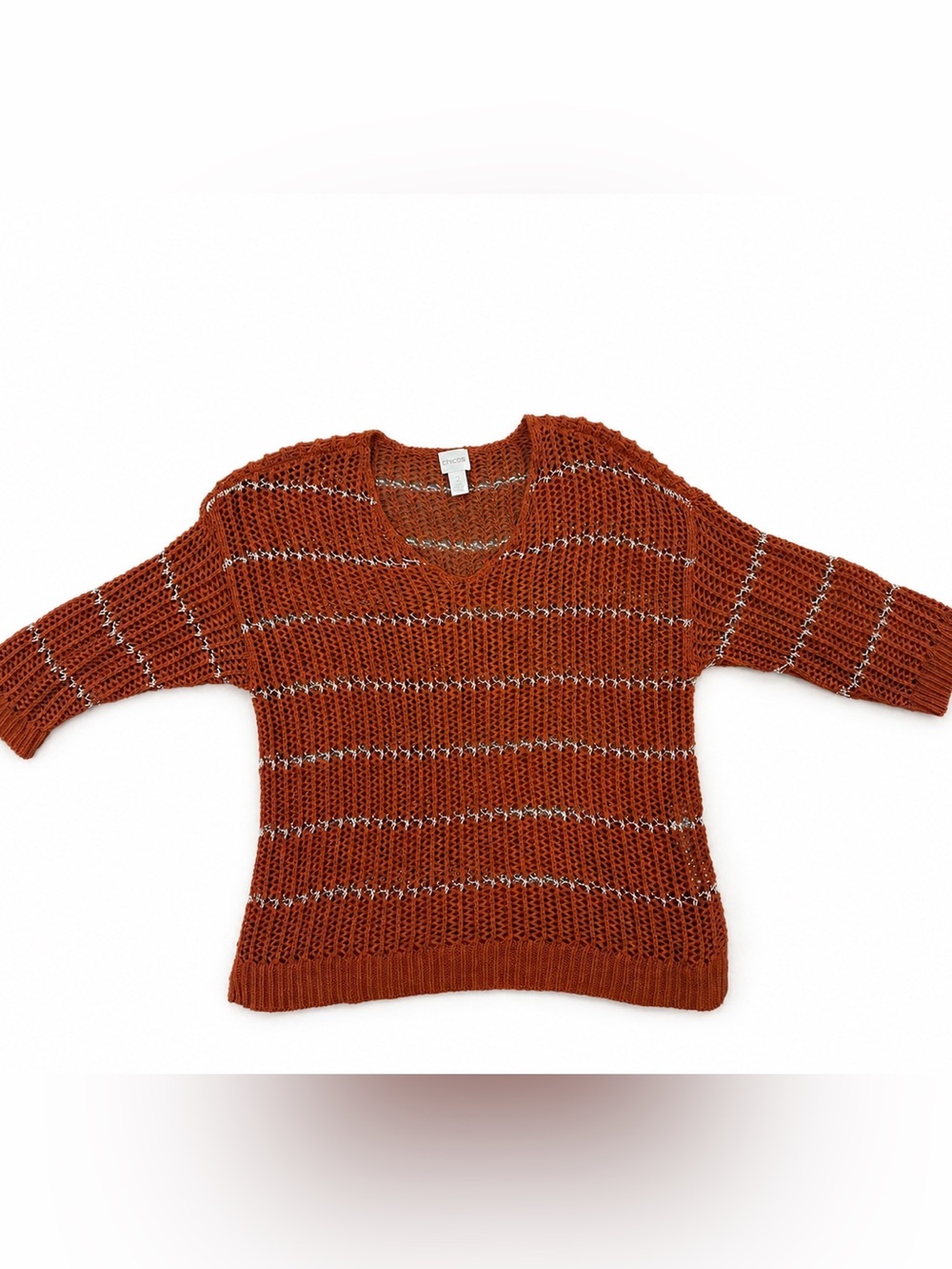 Chico's Rust Open-Knit Short Sleeve Sweater with Metallic Accent